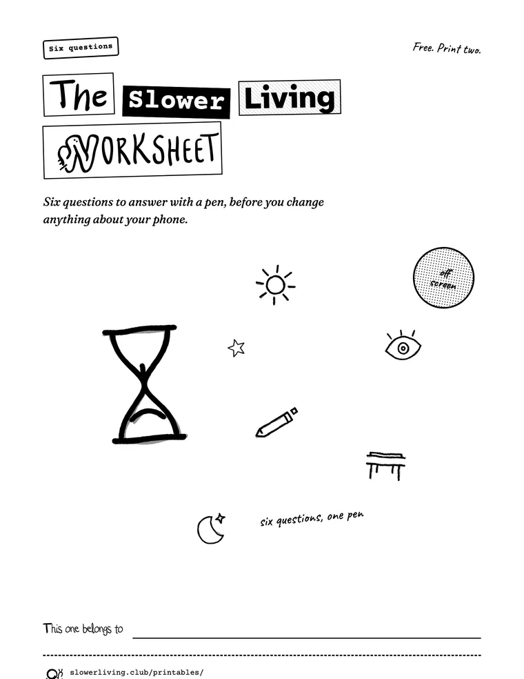 The cover of the six questions: the title in cut-out letters, an hourglass and a sun drawn in pen, and a line to write your name on